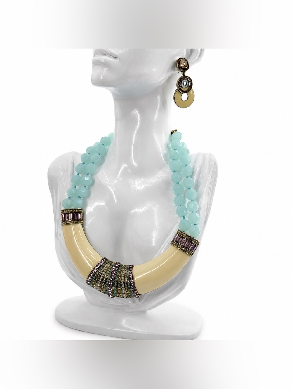 Heidi Daus Aqua Crystal Statement Necklace & Earrings Set Bold Glam Jewelry - Picture 4 of 17